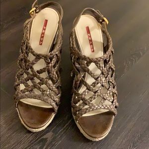 Prada brown basket weave leather wedges